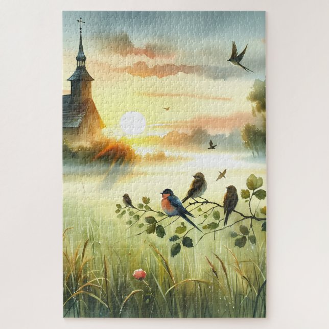 Sunrise Church with Birds in Misty Meadow No Verse (Vertikal)