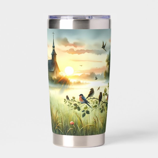 Sunrise Church with Birds in Misty Meadow No Verse Thermobecher (Vorderseite)