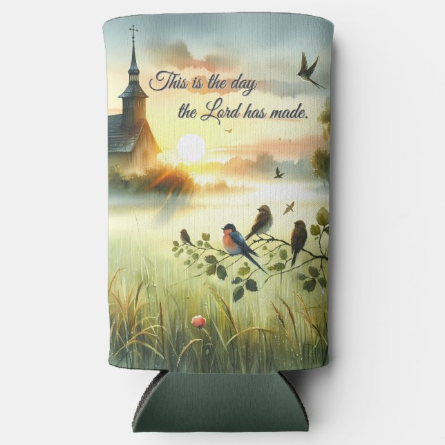 Sunrise Church with Birds in Misty Meadow Selters Dosenkühler (Vorderseite)