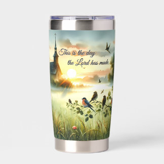 Sunrise Church with Birds in Misty Meadow Thermobecher