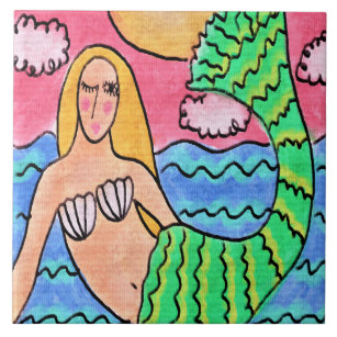 Sunrise Mermaid Abstrakte digitale Malerei Fliese