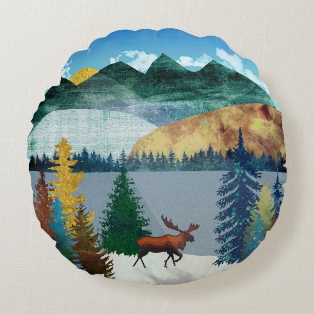 Sunrise Moose Rundes Kissen (Vorderseite)