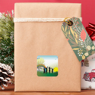 Sunrise Rainbow Children Quadratischer Aufkleber