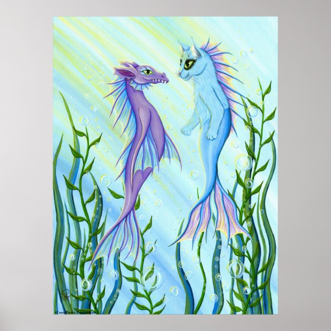 Sunrise Swim, Sea Dragon & Mermaid Cat Fantasy Art Poster (Vorne)