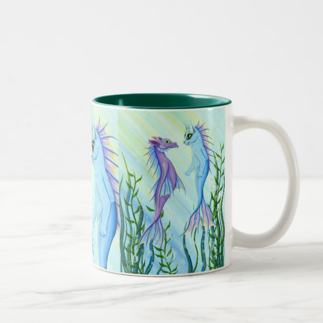 Sunrise Swim Sea Dragon Mermaid Cat Fine Art Mug Zweifarbige Tasse (Rechts)