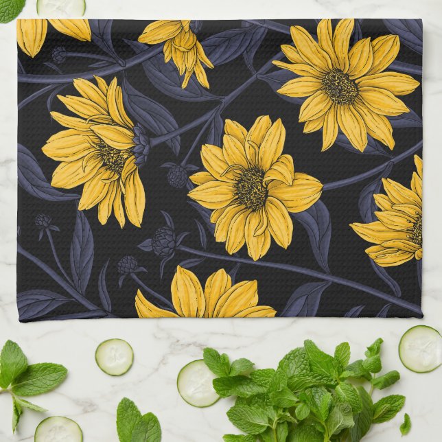 Sunroot, wilde Sonnenblumen in Gelb und Blau Geschirrtuch (Gefaltet)