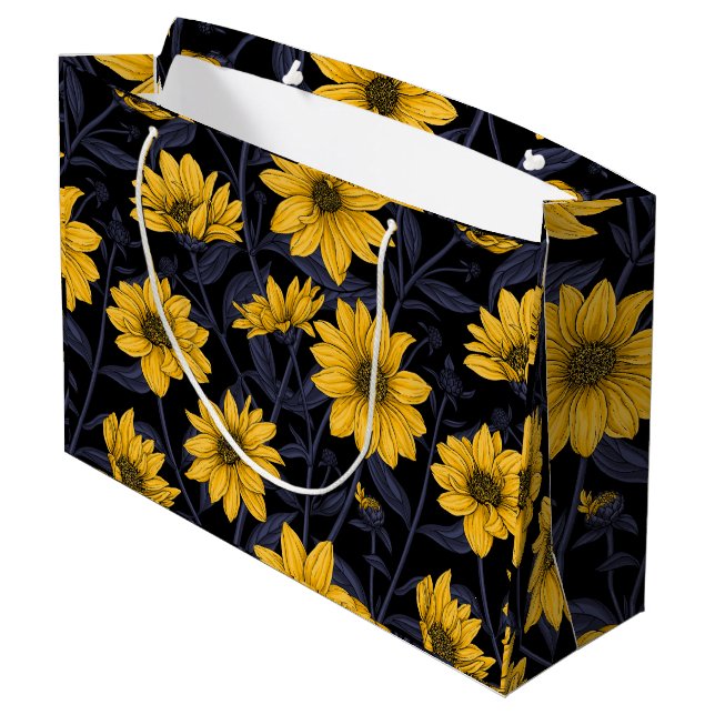 Sunroot, wilde Sonnenblumen in Gelb und Blau Große Geschenktüte (Rückseite Schrägansicht)