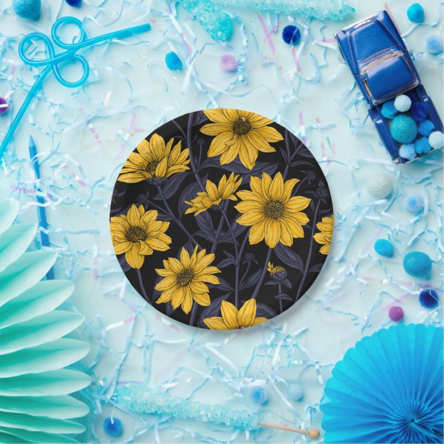Sunroot, wilde Sonnenblumen in Gelb und Blau Pappteller (Party)