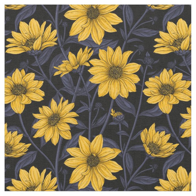 Sunroot, wilde Sonnenblumen in Gelb und Blau Stoff (Nahaufnahme)