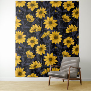 Sunroot, wilde Sonnenblumen in Gelb und Blau Wandteppich