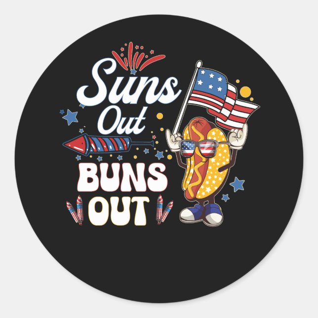 Suns Out Buns Out Funny Hot Dog Patriotic USA 4. Runder Aufkleber (Vorderseite)