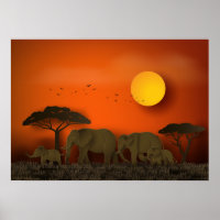 Sunset African Savanna Elephans