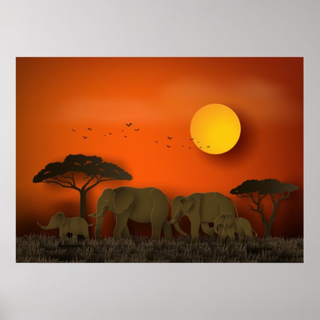 Sunset African Savanna Elephans Poster (Vorne)