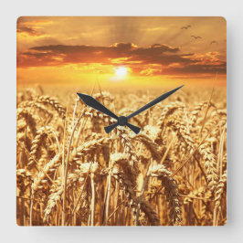 Sunset and Wheat Field Quadratische Wanduhr