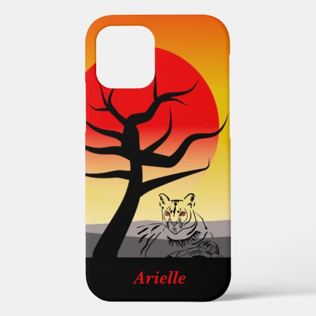 Sunset Artistic Inked Mountain Lion iPhone 12 Fall Case-Mate iPhone Hülle (Rückseite)