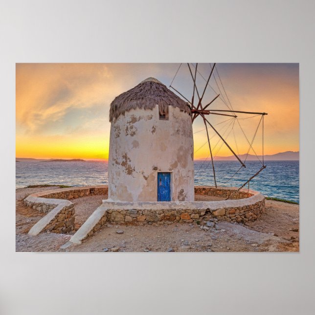 Sunset at the famous windmills of Mykonos, Greece Poster (Vorne)