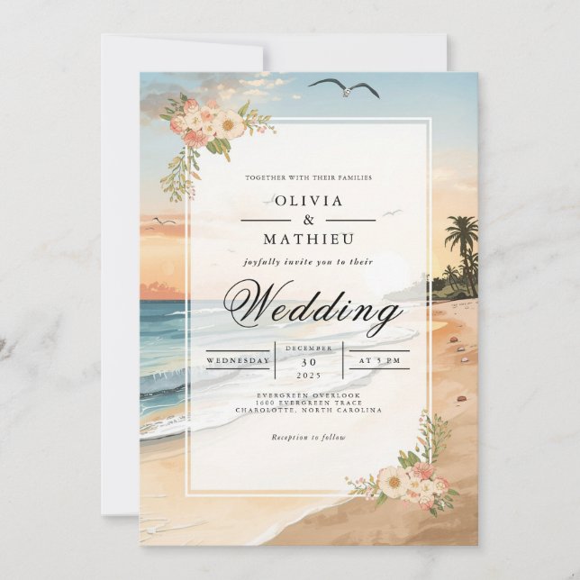 Sunset Beach Bloom Romance Hochzeit Einladung (Vorderseite)