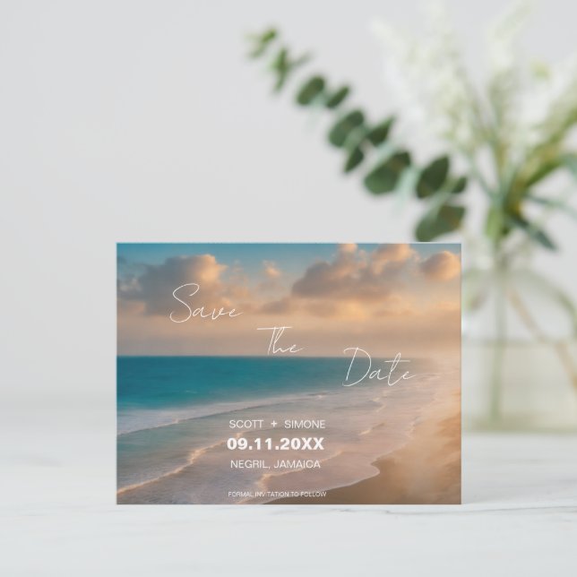 Sunset Beach Hochzeit Save the Date Postkarte (Stehend Vorderseite)