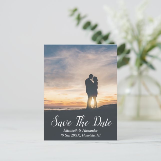 Sunset Beach Save the Date Postkarte (Stehend Vorderseite)