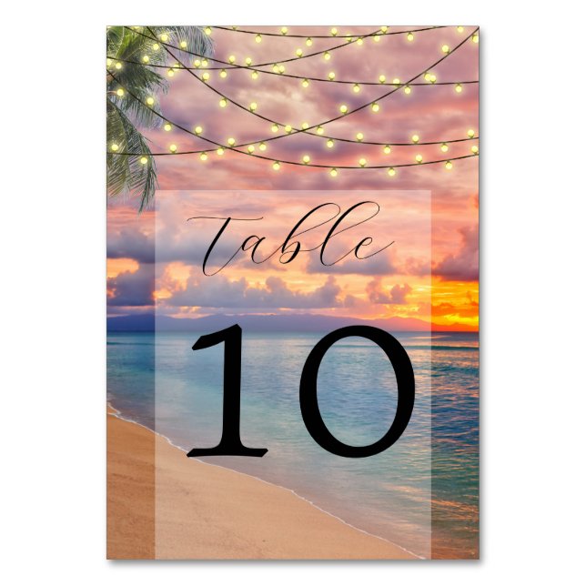 Sunset Beach String Lights Hochzeitsstimmung Tisch Tischnummer (Vorderseite)