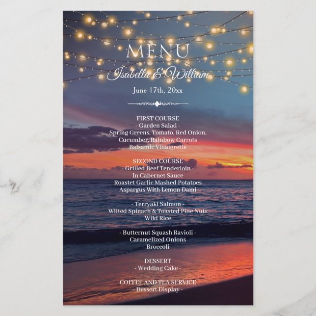 Sunset Beach String Lights Summer Wedding Menu (Vorderseite)