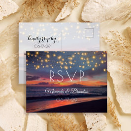 Sunset Beach String Lights Summer Wedding RSVP Postkarte