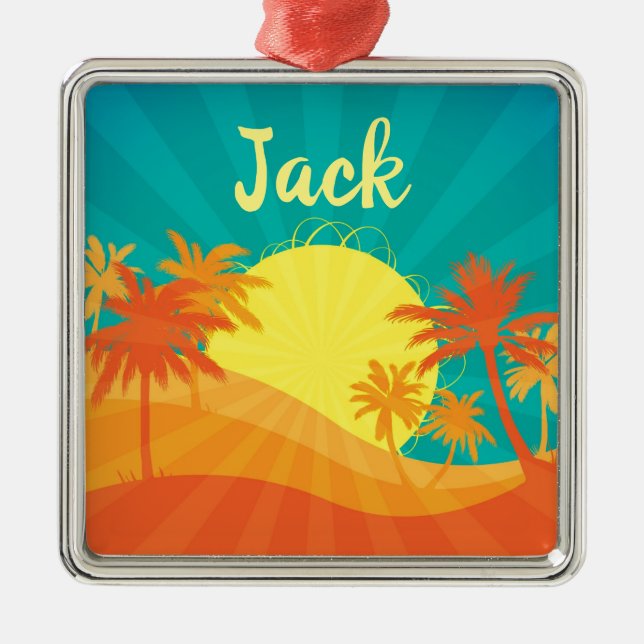 Sunset Beach Tropical Retro Surf Designname Ornament Aus Metall (Vorne)