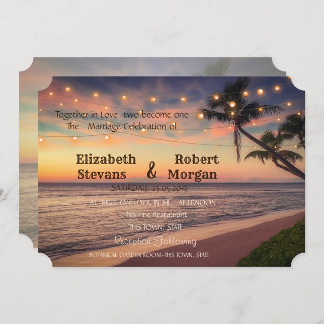 Sunset Beach Wedding, Palms, Lumières Invitation (Devant / Derrière)