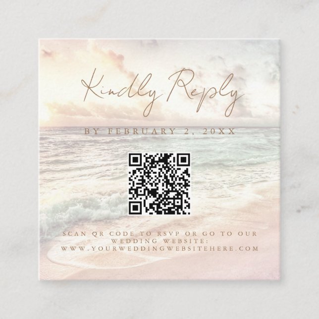 Sunset Beach Wedding Scan Code RSVP Begleitkarte (Vorderseite)
