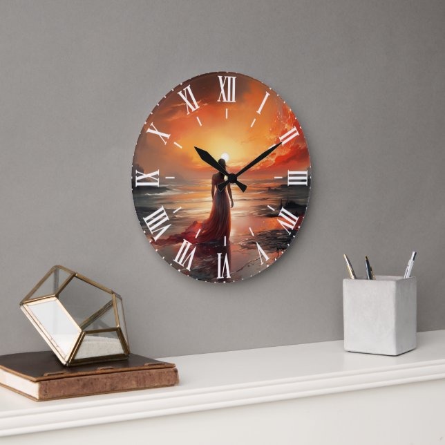 Sunset Beach Woman Wall Clock Art Große Wanduhr (Büro)