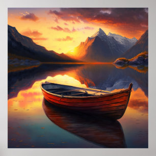 Sunset Boat on Lake mit Bergkulisse Poster