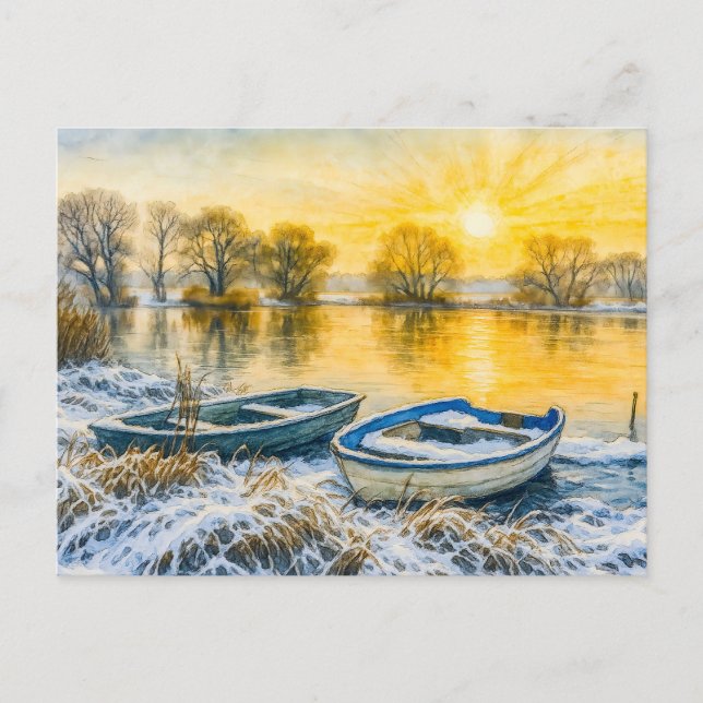 Sunset Boote Flussufer Aquarell havelland Feiertagspostkarte (Vorderseite)