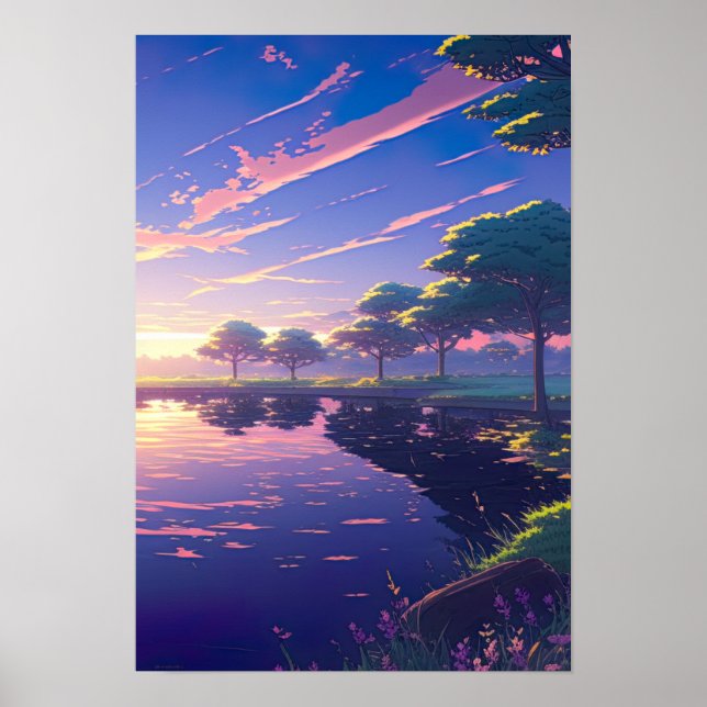 Sunset by Riverbank - Digital Anime Artwork Poster (Vorne)