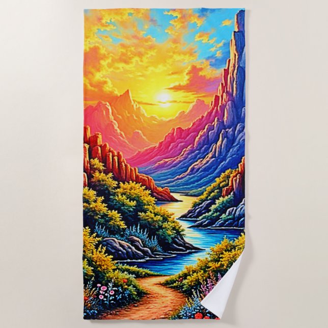 Sunset Canyon Fluss Kunst Strandtuch (Vorderseite)