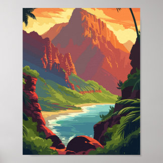 Sunset Canyon River - Retro Landschaftlicher Berg Poster