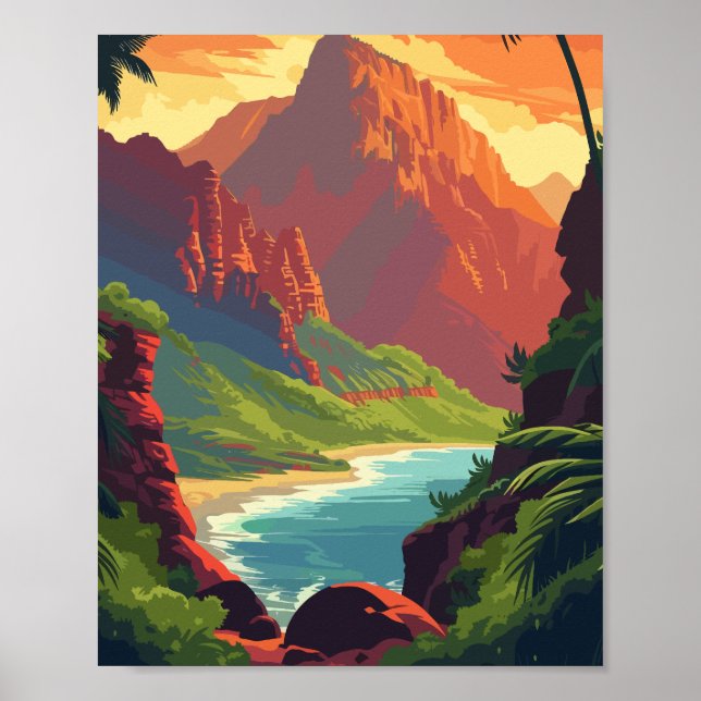 Sunset Canyon River - Retro Landschaftlicher Berg Poster (Vorne)