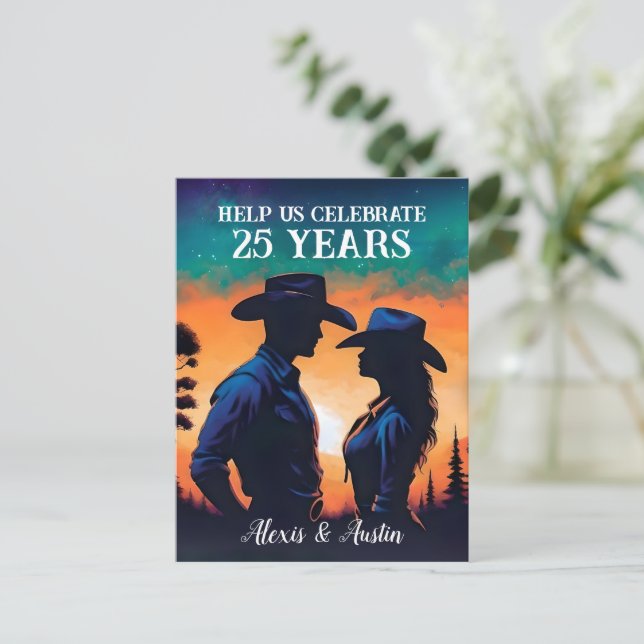 Sunset Cowboy and Cowgirl 25th Anniversary  Postkarte (Stehend Vorderseite)