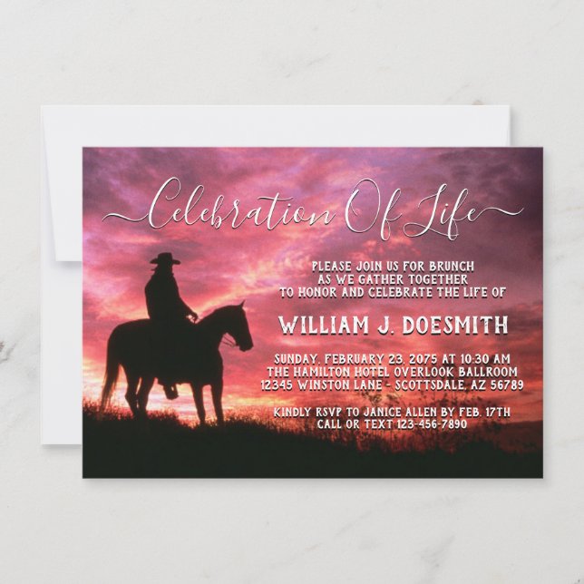 Sunset Cowboy Horse Memorial Beerdigung Service Einladung (Vorderseite)