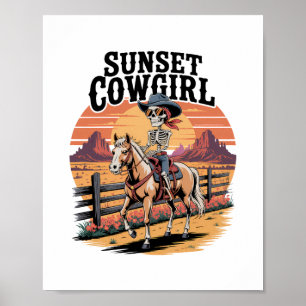 Sunset Cowgirl Skeleton Reiten Poster