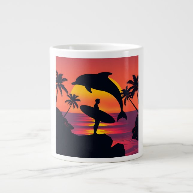 Sunset Dolphin und Surfer Tropical Beach Coffee Mu Jumbo-Tasse (Vorderseite)