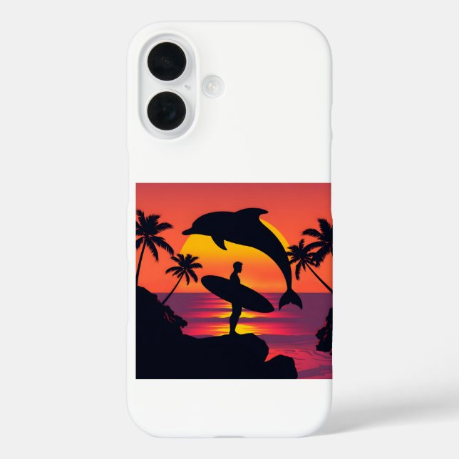 Sunset Dolphin und Surfer Tropical Beach Phone Cas iPhone 16 Hülle (Rückseite)