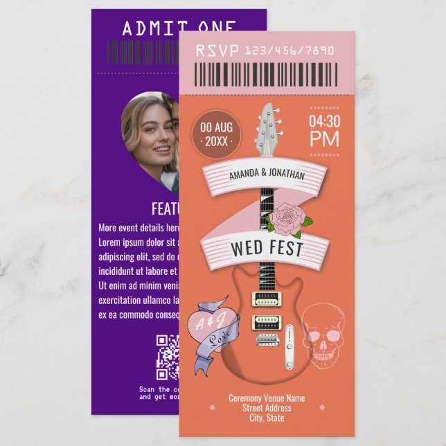 Sunset Festival Rock ’n’ Roll Wedding Ticket Einladung (Vorne/Hinten)