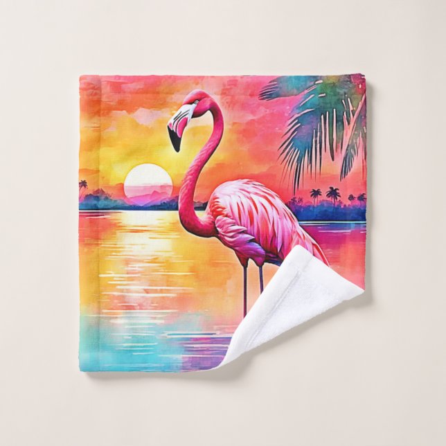Sunset Flamingo Art Design Badhandtuch Set (Waschlappen)