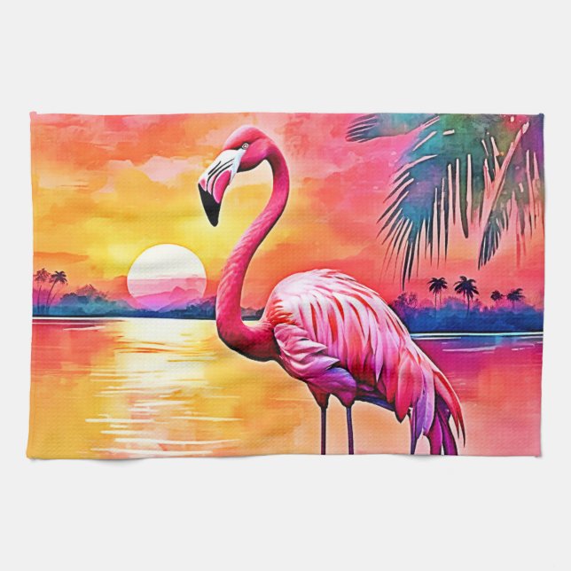 Sunset Flamingo Art Design Geschirrtuch (Horizontal)