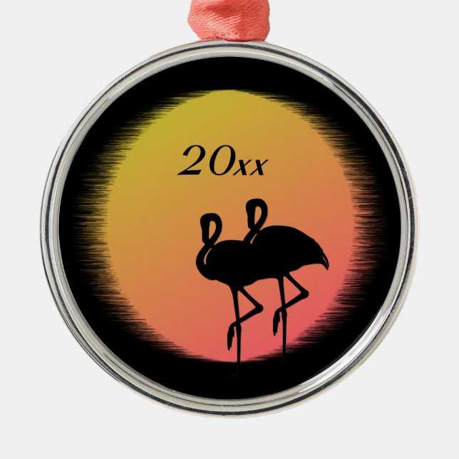 Sunset Flamingos Silbernes Ornament (Vorne)