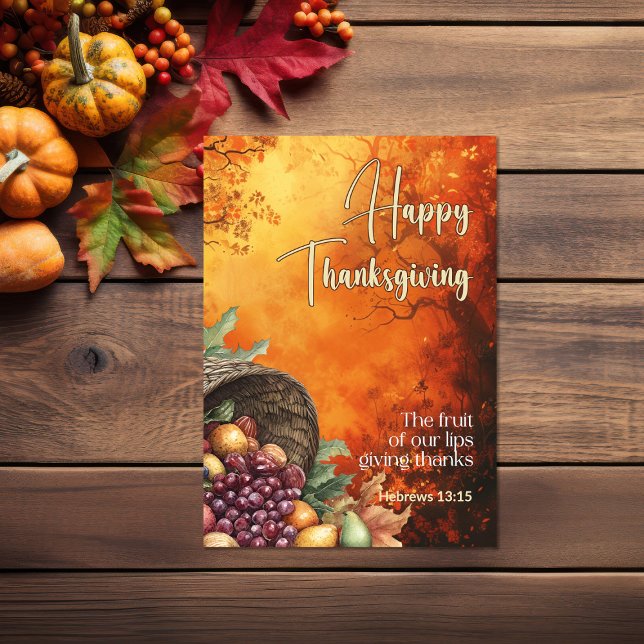 Sunset Forest Hebrews 13:15 Happy Thanksgiving Karte (Sunset forest harvest Bible verse Thanksgiving Card)