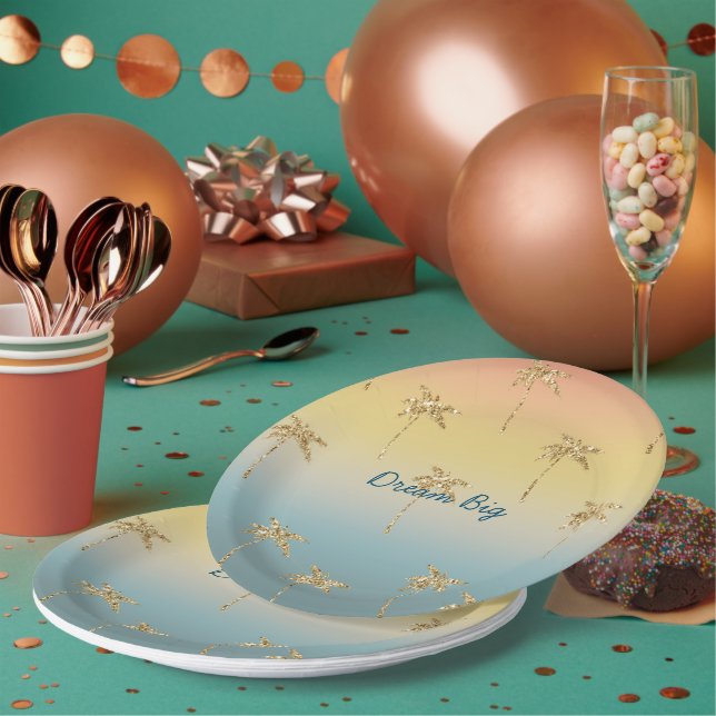 Sunset Gold Glitzer Palm Trees Pappteller (Multi)