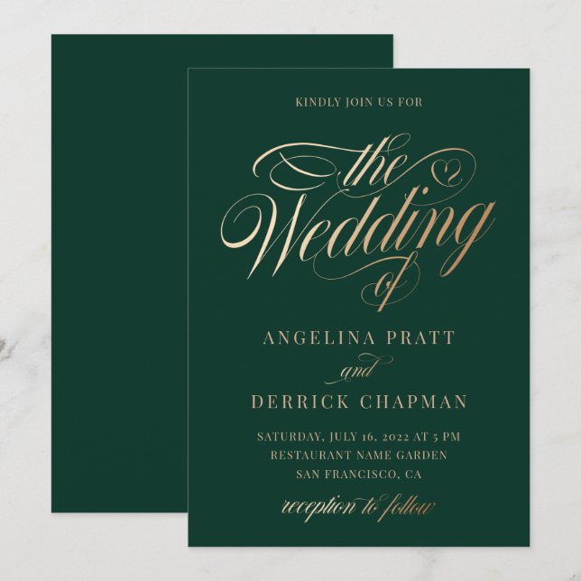 Sunset Gradient Emerald Green Calligrafy Wedding  Einladung (Vorne/Hinten)