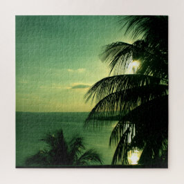 SunSet Green Blue Sky & Sea Silhouetted Palm Tree
