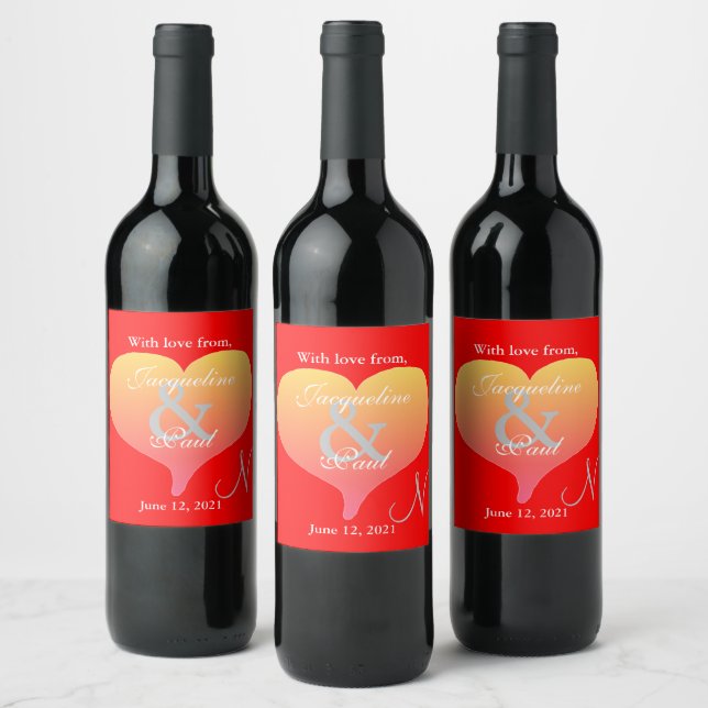 Sunset Heart Rouge Mariage Monogramme Étiquettes (Bouteilles)
